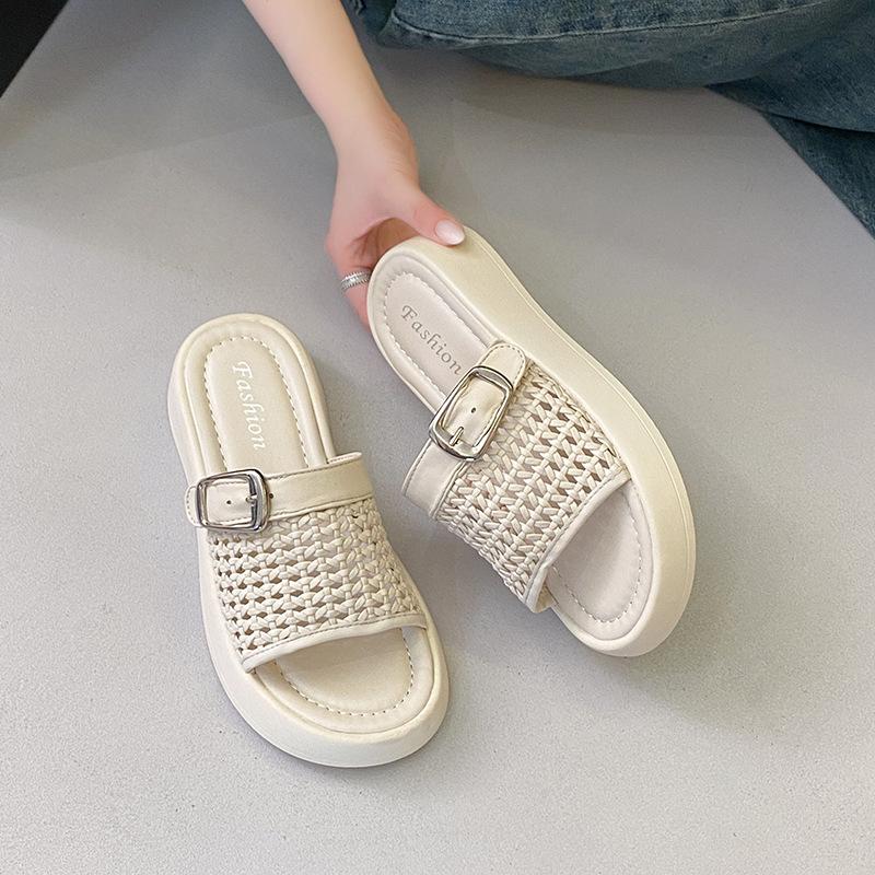 Korean Version of Thick-bottomed Cool Slippers for Women To Wear 2025 Summer New Fairy with Skirt Hollowed-out Woven One-word Cool Slippers