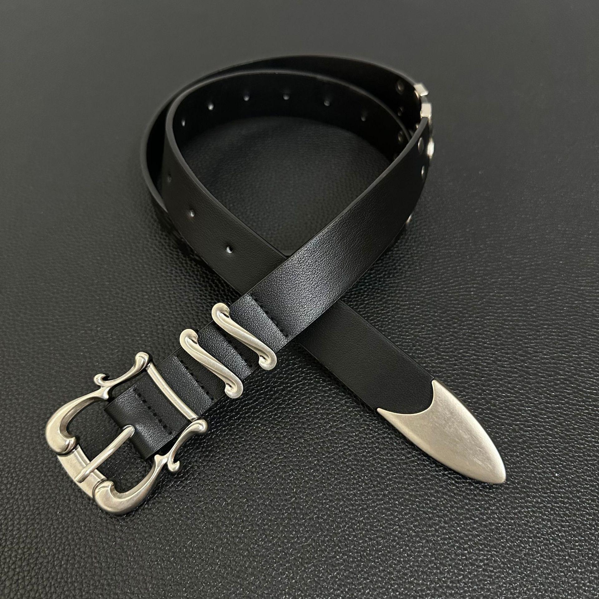 Ceinture Bronzage Mat Gravée Iris Punk Occidental Rivet Métal Tendance Ceinture Jeans noir