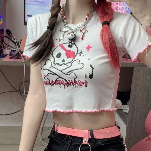 Harajuku Style Women Summer Short Sleeve Round Collar Skull Printed Bare Midriff Crop Top