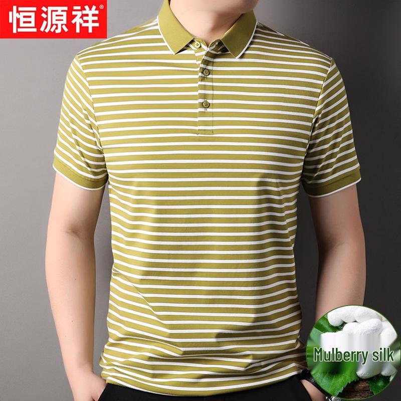 Hengyuanxiang Men s Striped Silk Blend Polo Shirt L
