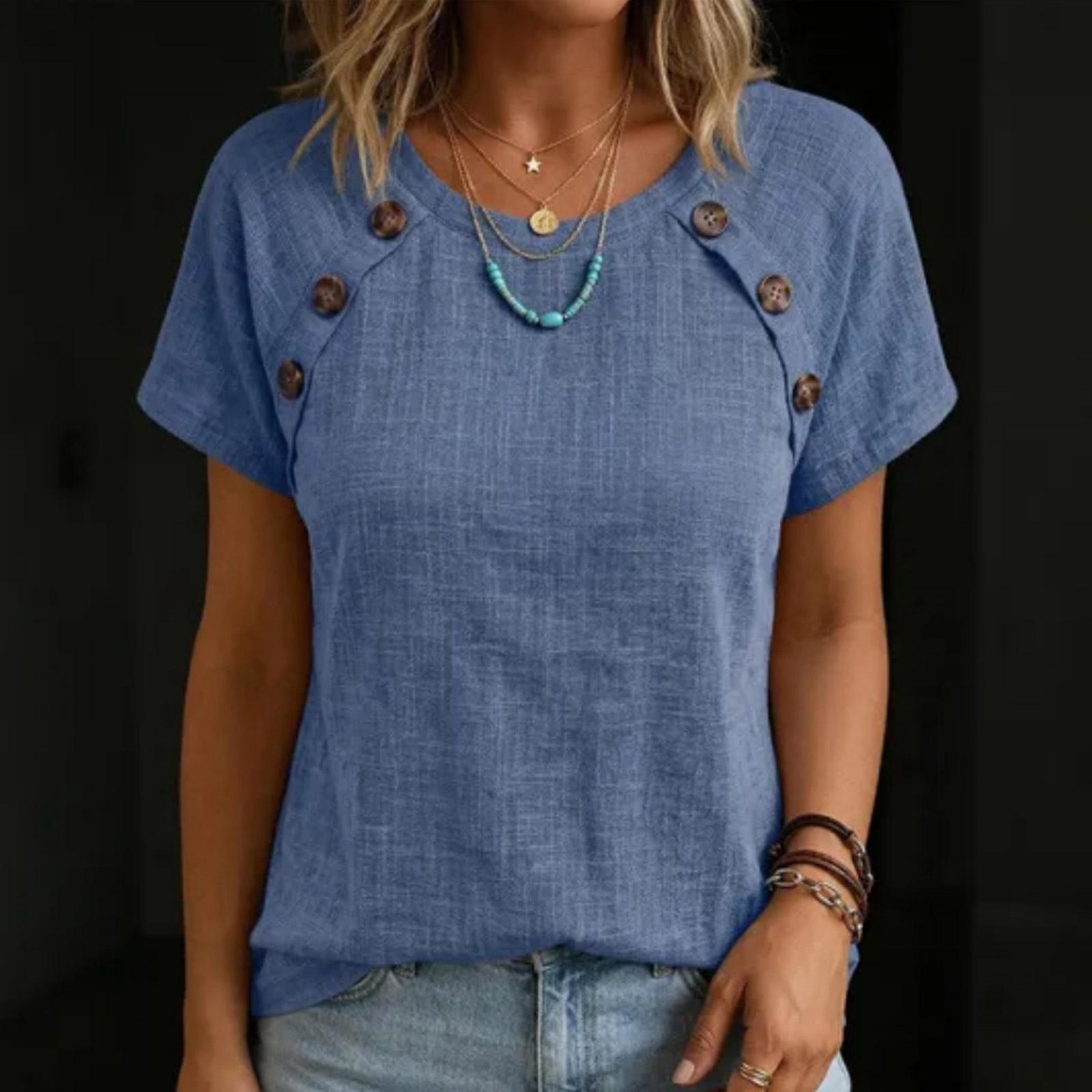 

Women s New Fashion Summer -Color Round-Neck Short-Sleeve Casual Shirt Top With Buttons L синий