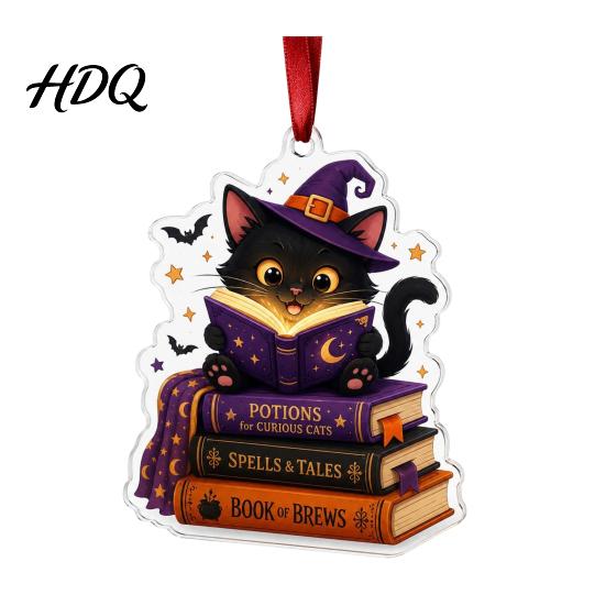 Spooky Home Decor Halloween Reading Ghost Hanging Ornament Acrylic Holding Book Pumpkin Mummy Ornament Black Cat Decor 2D Cartoon Bookish