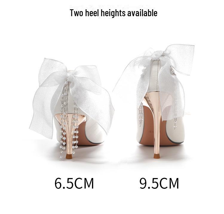 White Satin Stiletto Heels with Bow & Rhinestones - Women's Bridal & Bridesmaid Shoes