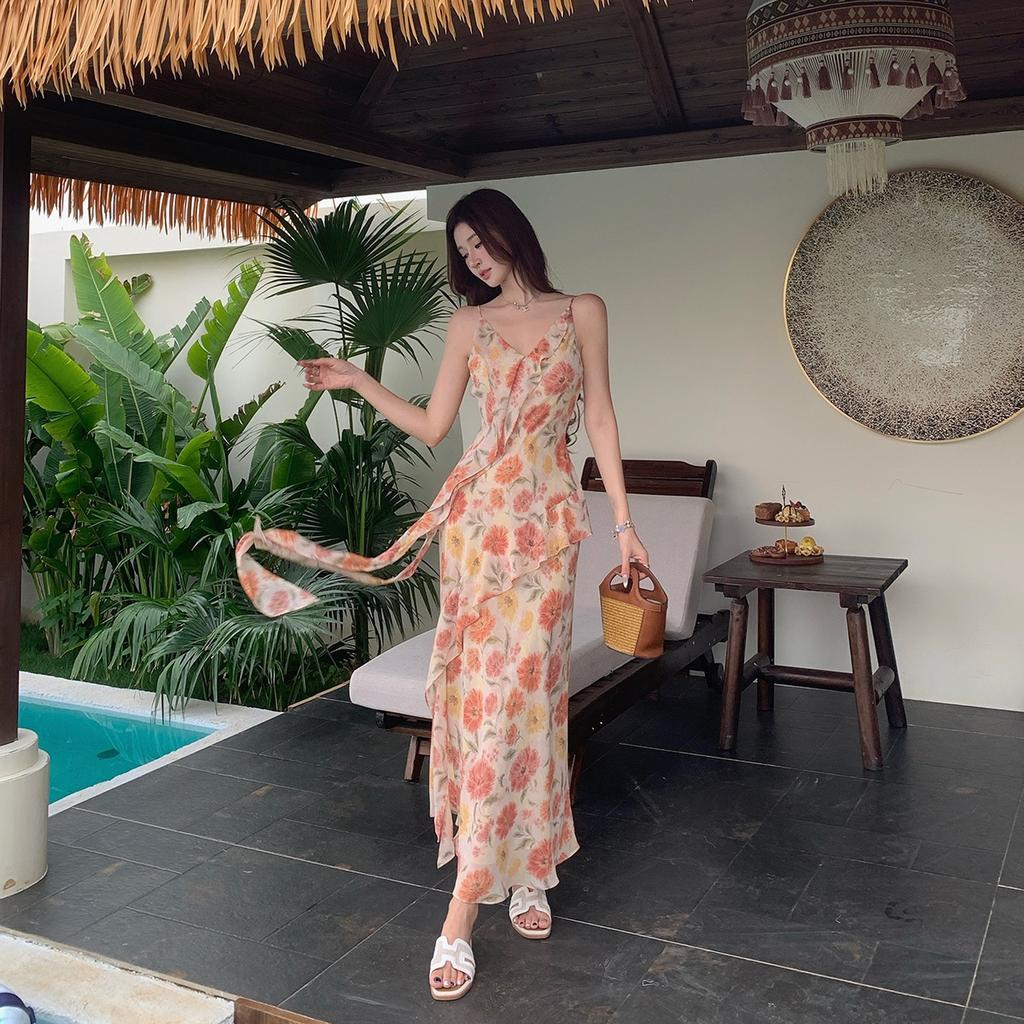 High-quality Korean Style Summer V-neck Vacation Dress, Diagonal Ruffle Floral Spaghetti Strap Dress, Mermaid Long Dress