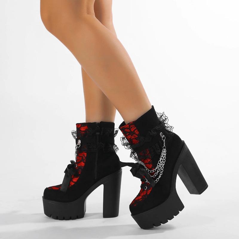 Fashion Vintage Gothic Lace Ankle Boots for Women Chunky Heel Side Zipper with Chain Detail Platform Goth Boots High Heels Women Shoes