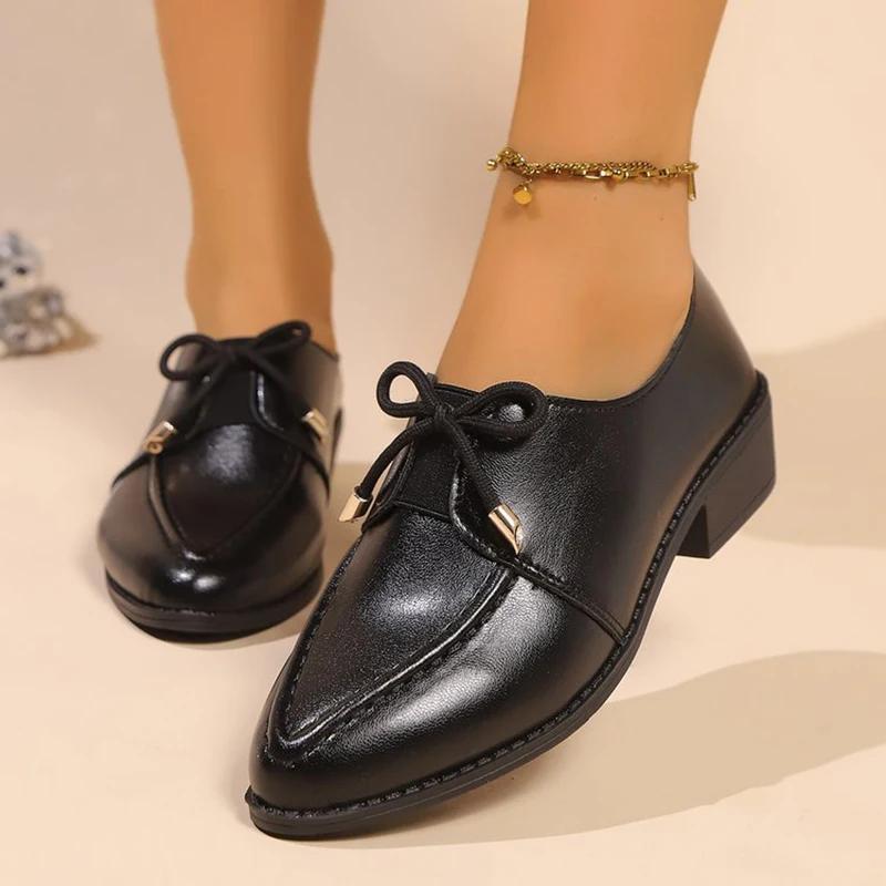 Solid Butterfly-Knot Pu Leather Pumps Woman Spring Pointed Toe Med Heel Pumps Women Fashion Shallow Mouth Single Shoes Mujer