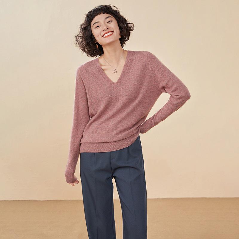 Women's Candy Color V-Neck Cashmere Sweater - Fashionable Knit Base Layer for Autumn/Winter 2025.