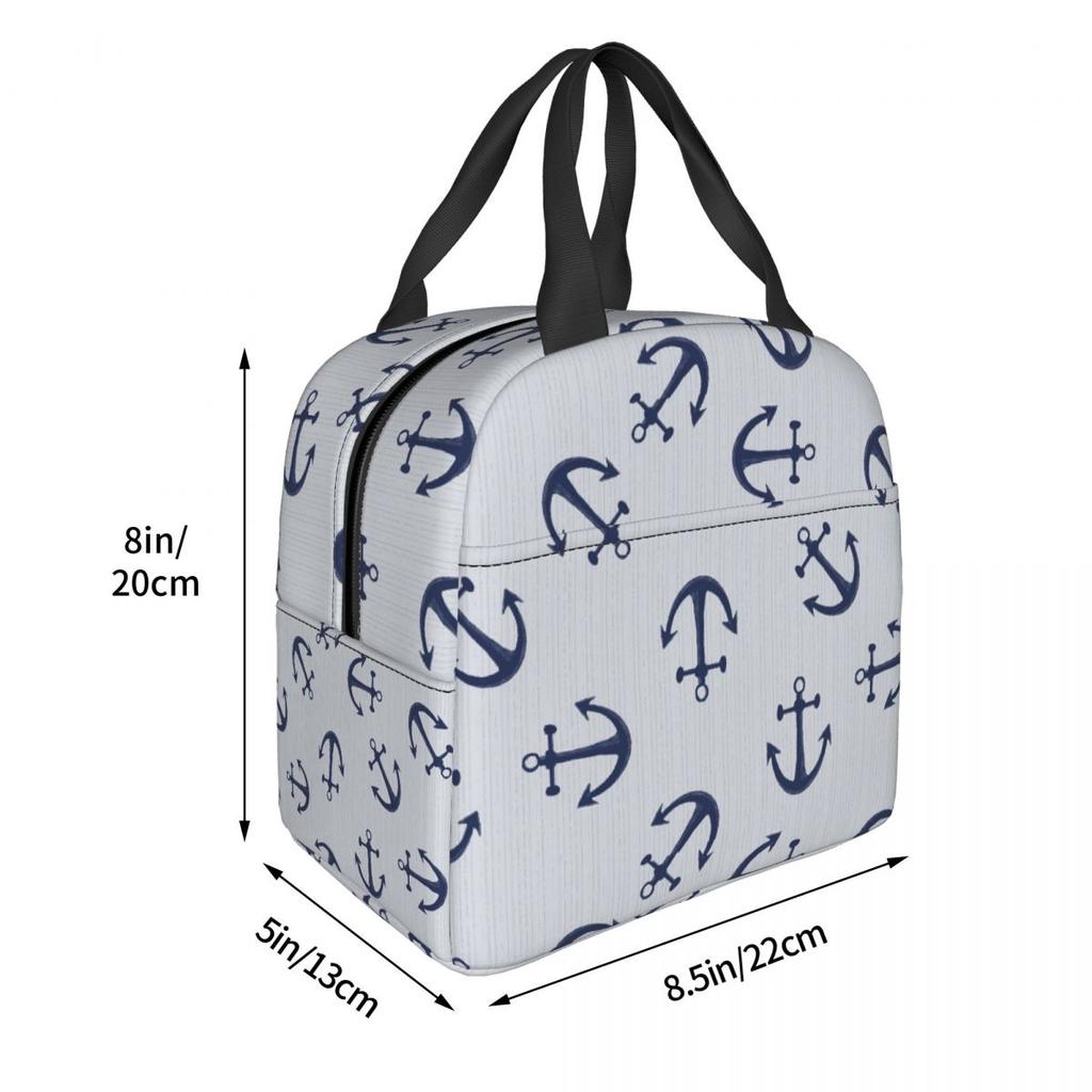 Maritime Pattern Of Blue Anchors On Light Gray Insulated Lunch Bag for Women Children Portable Food Boxes Thermal Lunch Box Tote