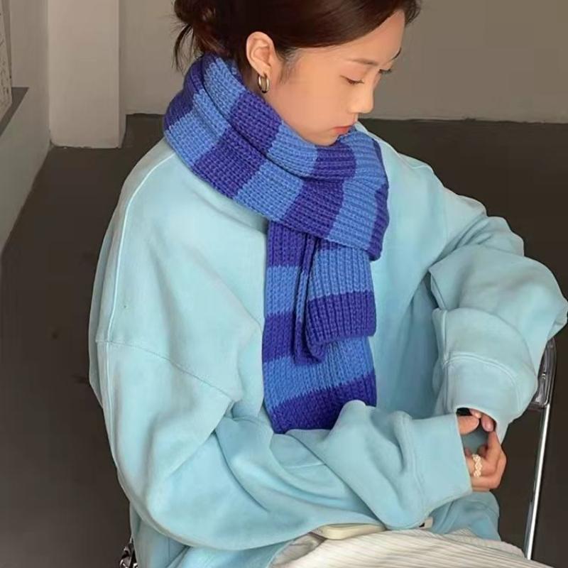 Student Women's Blue Striped Knitted Wool Scarf Korean Style Winter Warm Neck Warmer