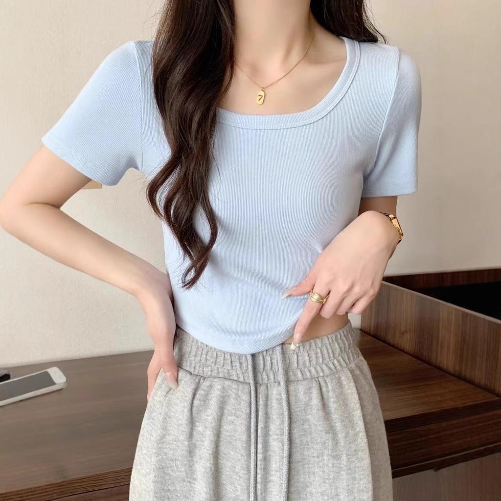 French Square Collar Curved Hem Short-sleeved T-shirt Women's Summer New Solid Color Slim-fitting Versatile Niche Top Tide