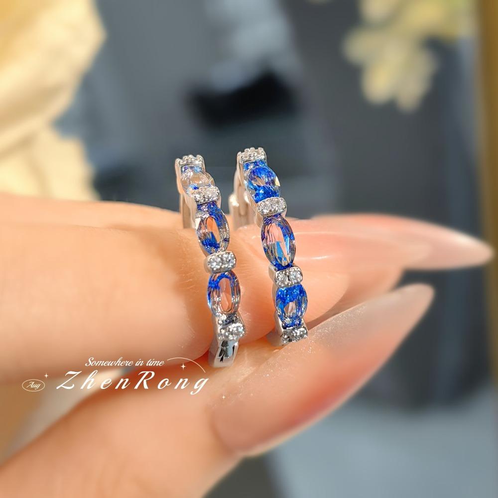 

Vintage Blue Spinel Earrings with High Carbon Diamond Red Corundum Elegant Stud Earrings for Women