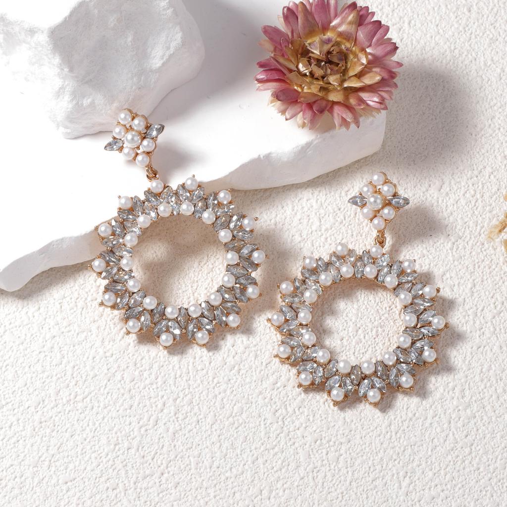 European and American Fashion Simple Bohemian Exaggerated Geometric Inlaid Glass Rhinestone Imitation Pearl Temperament Earrings Women