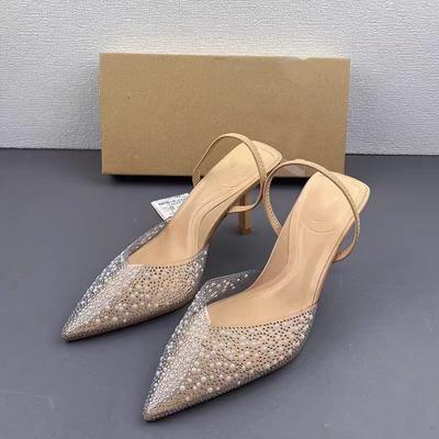 TRAF Sapato de Salto Alto Transparente com Pérolas para Mulher Outono 2024 Elegante Bico Fino Salto Fino Slingback Sapatos Femininos Casamento Bombas de Salto Agulha