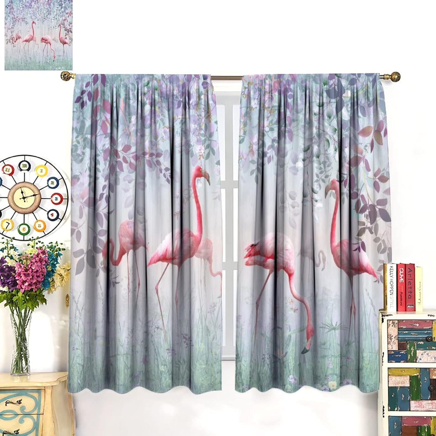 

Шторы Розовый Фламинго, Фиолетовые Цветы Лианы Листья Туманный Лес Домашний Декор Тропические Джунгли Животное Растение Туман Садовые Шторы для Спальни Гостиной