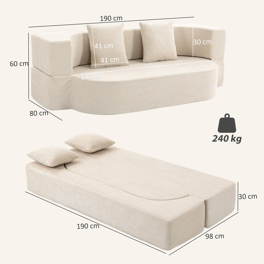 Convertible Sofa Bed, 2-Seater, 190 cm, 2 Pillows, Beige
