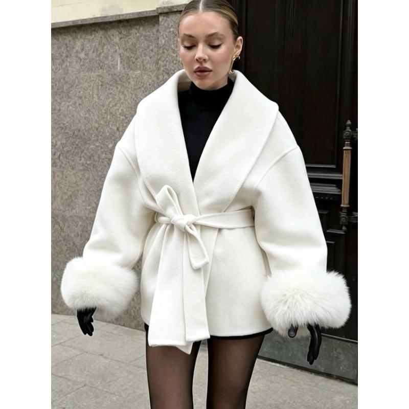 Women S Short Wool Coat With Tie Solid Color Long Sleeve French Style