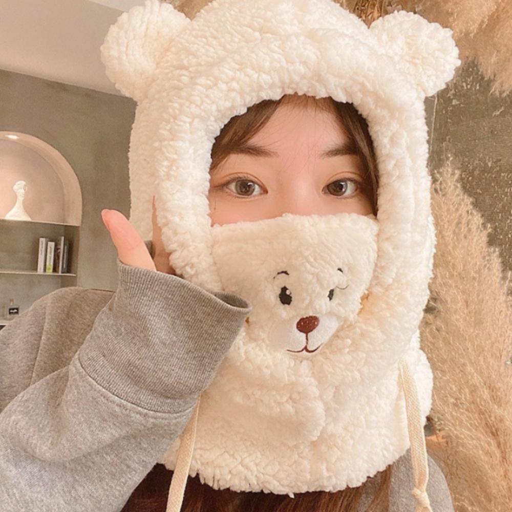 

Зимняя Мультяшная Плюшевая Шапка-Ушанка с Маской Маленький Медведь Теплая Утолщенная Шерстяная Шапка с Защитой Ушей для Женщин и Девочек Шарф-Шапка белый