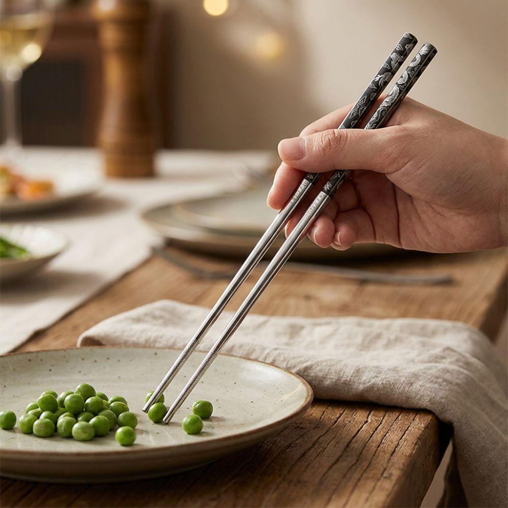 5 Pairs Non-Slip Stainless Steel Dragon Patter Chopsticks Mold-resistant Sushi Chopsticks Home