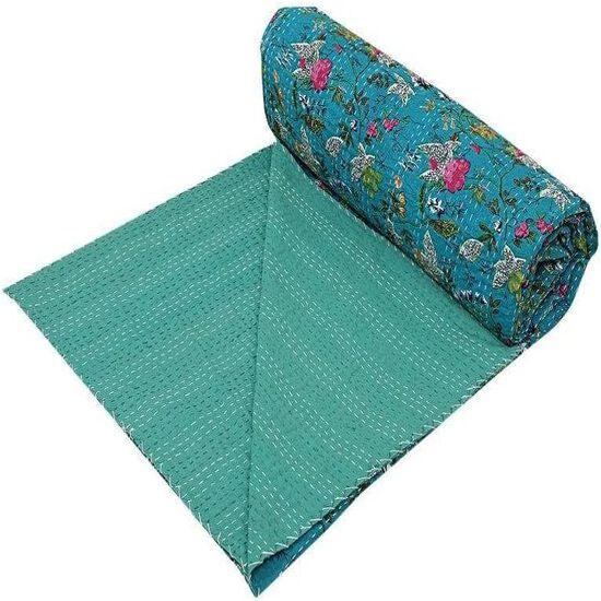 Aizza Trends Cuvertură Kantha din Bumbac Pur Imprimat Lucrată Manual - Aspect Tradițional Cuvertură de Pat Kantha Gudri - Gudri Vintage Cusute Manual