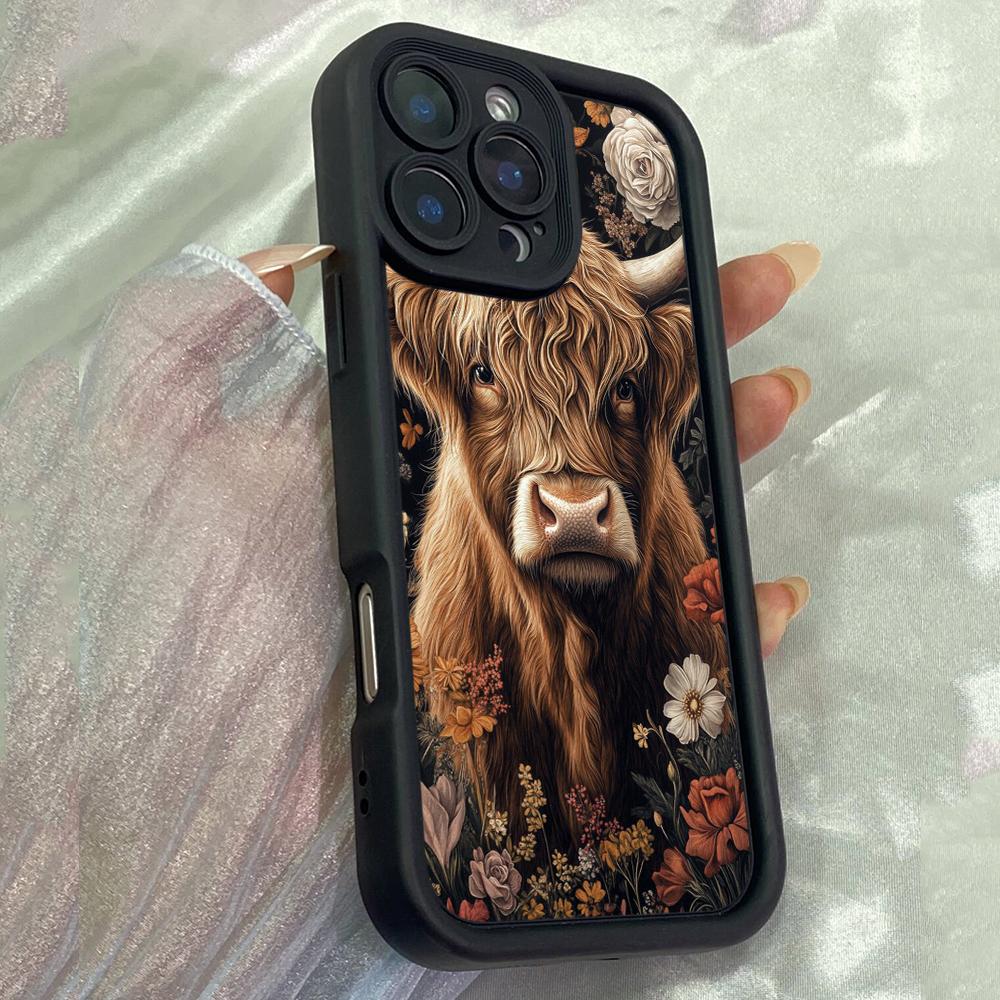 JT560 Vintage Highland Cow Flower Art for iPhone 17 16 15 14 13 Pro Max Samsung S26 S25 Ultra A17 A07 A56 A16 Xiaomi 15T Redmi 15c 14 Soft Case
