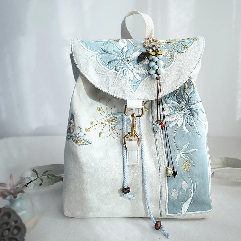 15 Inch Retro Chinese Style Canvas Backpack Handmade Embroidery Hanfu Artistic Zipper Drawstring Laptop Backpack for Women