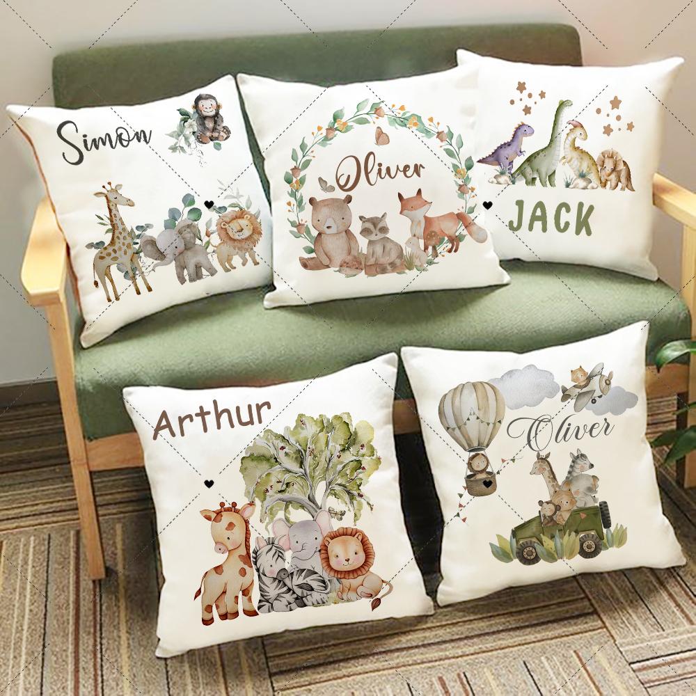 Personalised Woodland Animal Print Pillowcase Custom Name Cushion Cover Kid Birthday Jungle Party Decor Nursery Baby Shower Gift