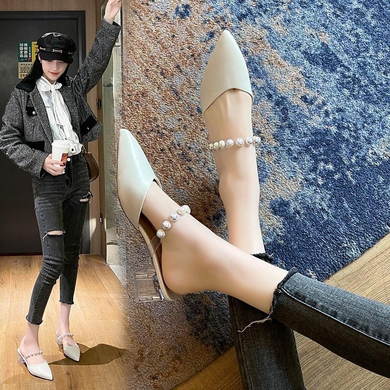 Fashion Female Shoes Pointed Toe Mules for  2025 Thin Heels Slippers Soft Beige Heeled Slides Fashion New Comfort