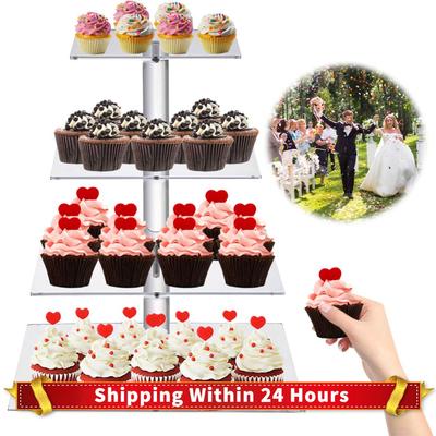 3/4 Tier Acrylic Cupcake Display Stand with LED Light Square Display Stand Multifunctional Cupcake Holder for Party Decor