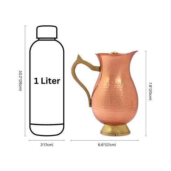Brocca Ruggine in Rame con Coperchio, Design Tradizionale Ayurvedico, Capacità 1 Litro, Manico e Base in Ottone 20 Cm Regalo Compleanno Anniversario Meno