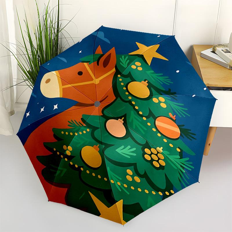 1pc Christmas Horse Automatic Folding Umbrella, 8-Rib Durable Iron Frame, Compact Travel Umbrella for Women & Men 126