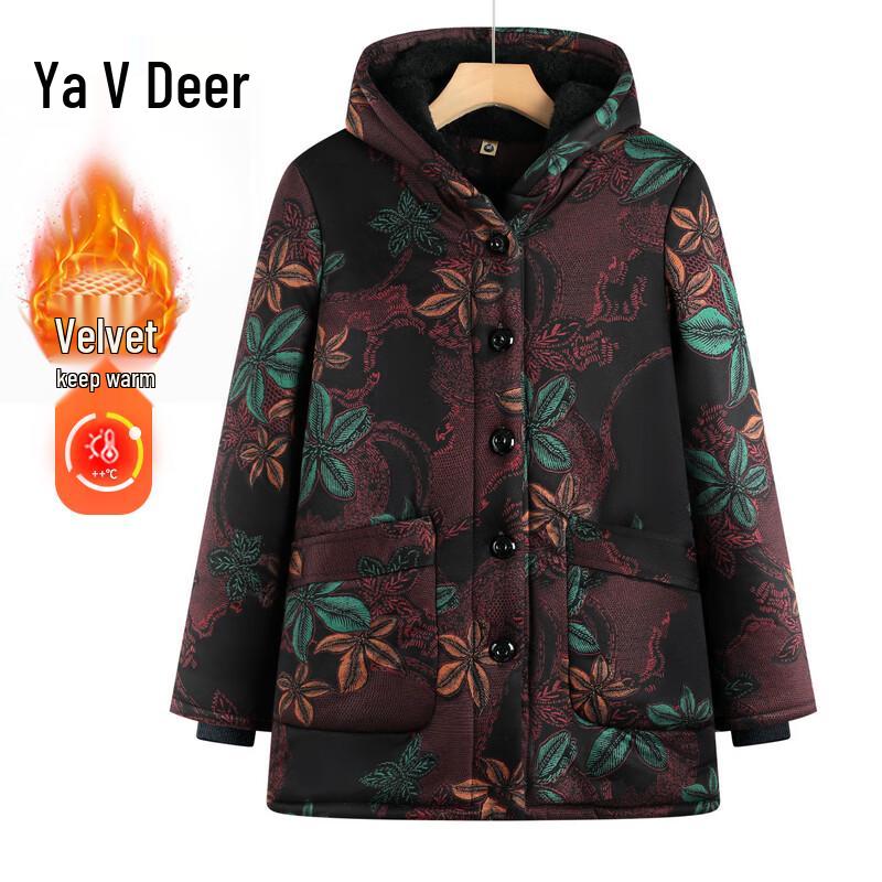 Yalu Women s Winter Plus Velvet Hooded Cotton Coat 2XL