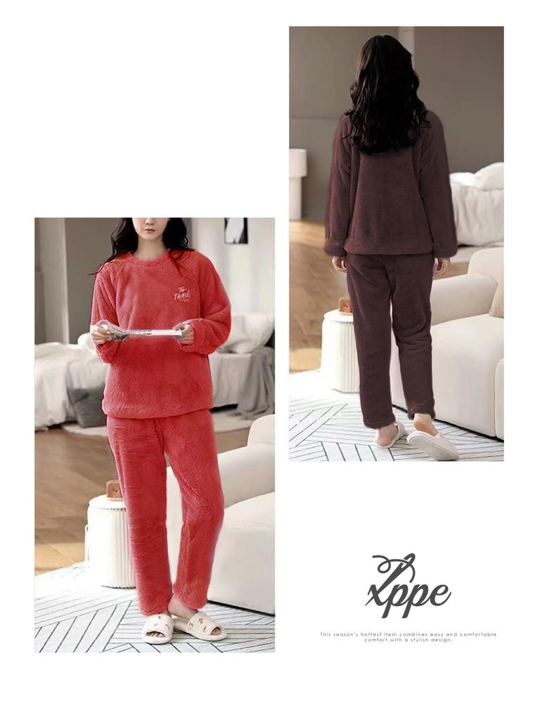 Pajama Embroidered Elastic Flannel Top and Warm and Long Logo Elastic Open Long Elastic Loose Casual Fashion for and Winter [xppe] Women's Set, Pants,