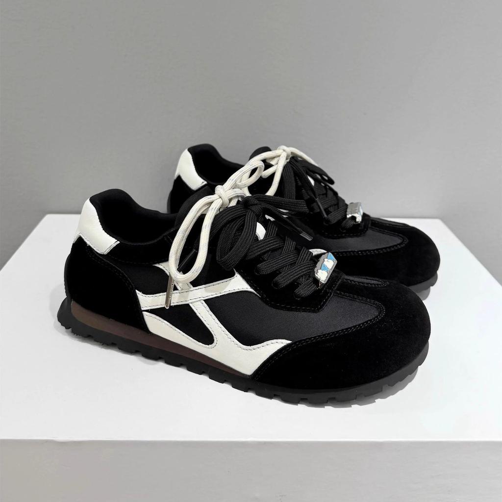 Ruoji 2025 New Leather Retro German Training Shoes Women's Soft-soled Flat-soled Single Shoes Casual Sports Shoes Forrest Gump Shoes Women