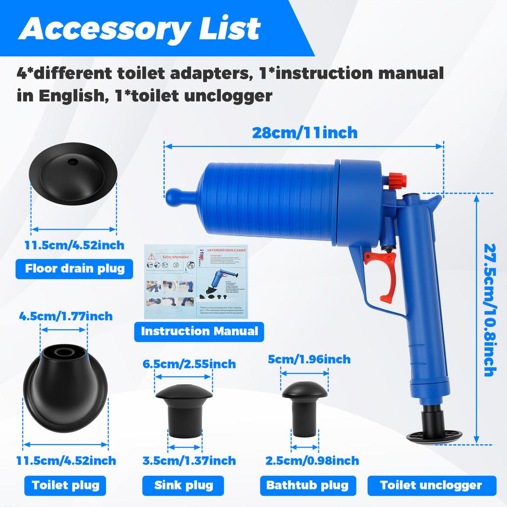 Toilet Plunger Set with 4 Unclogging Heads Efficient Air Plunger Reusable Toilet Drain Clog Remover Practical Drain Clog Remover