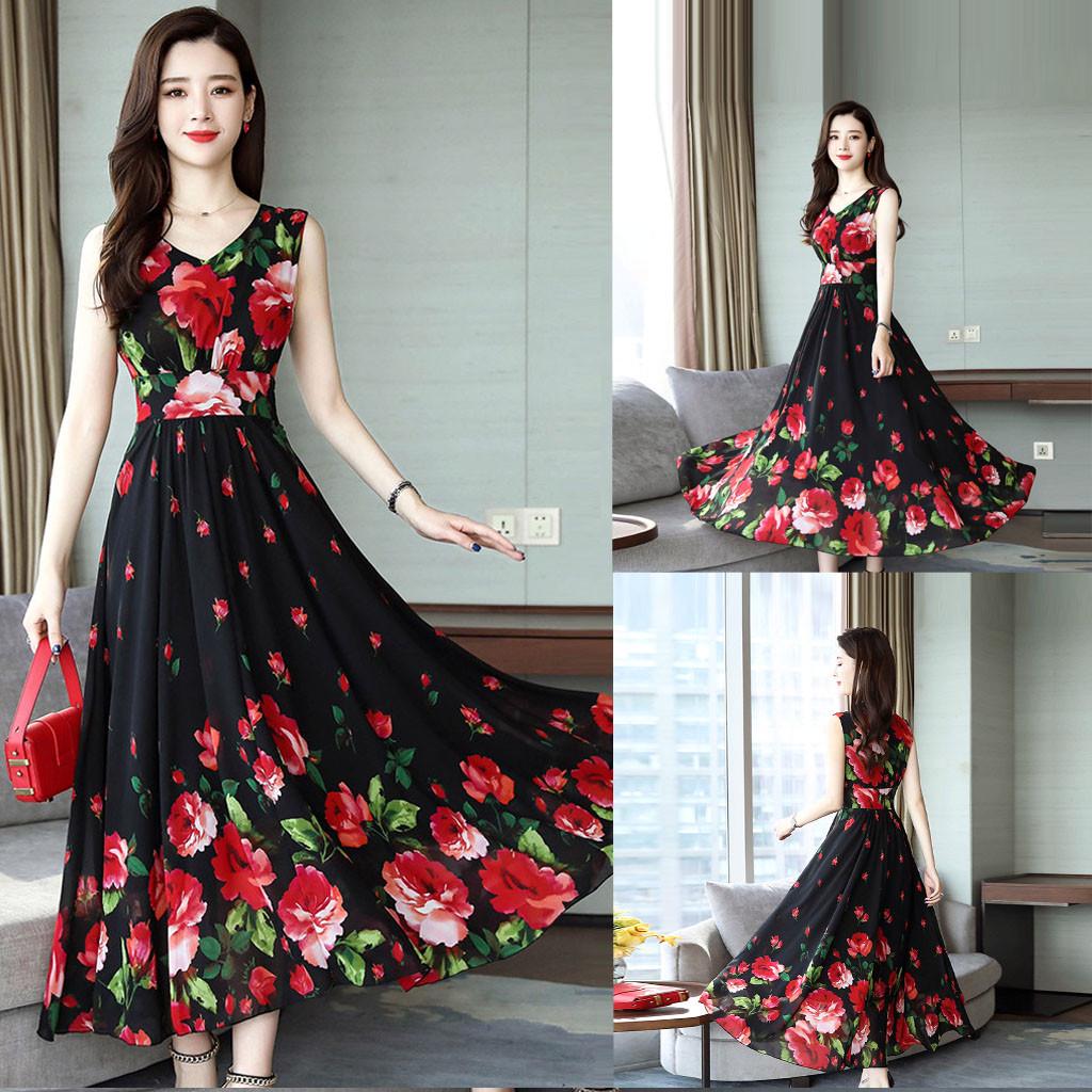 Fashion Floral Print V-neck Dress Summer Sexy Slim Fit Sleeveless Long Dress