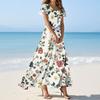 Women's Summer Floral Print V Neck Short Sleeve Maxi Dress Flowing A-Line Maxi Dress Bohemian Holiday Beach Dress