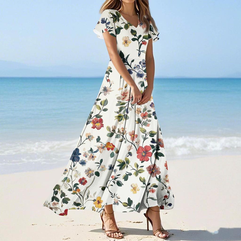 Women's Summer Floral Print V Neck Short Sleeve Maxi Dress Flowing A-Line Maxi Dress Bohemian Holiday Beach Dress