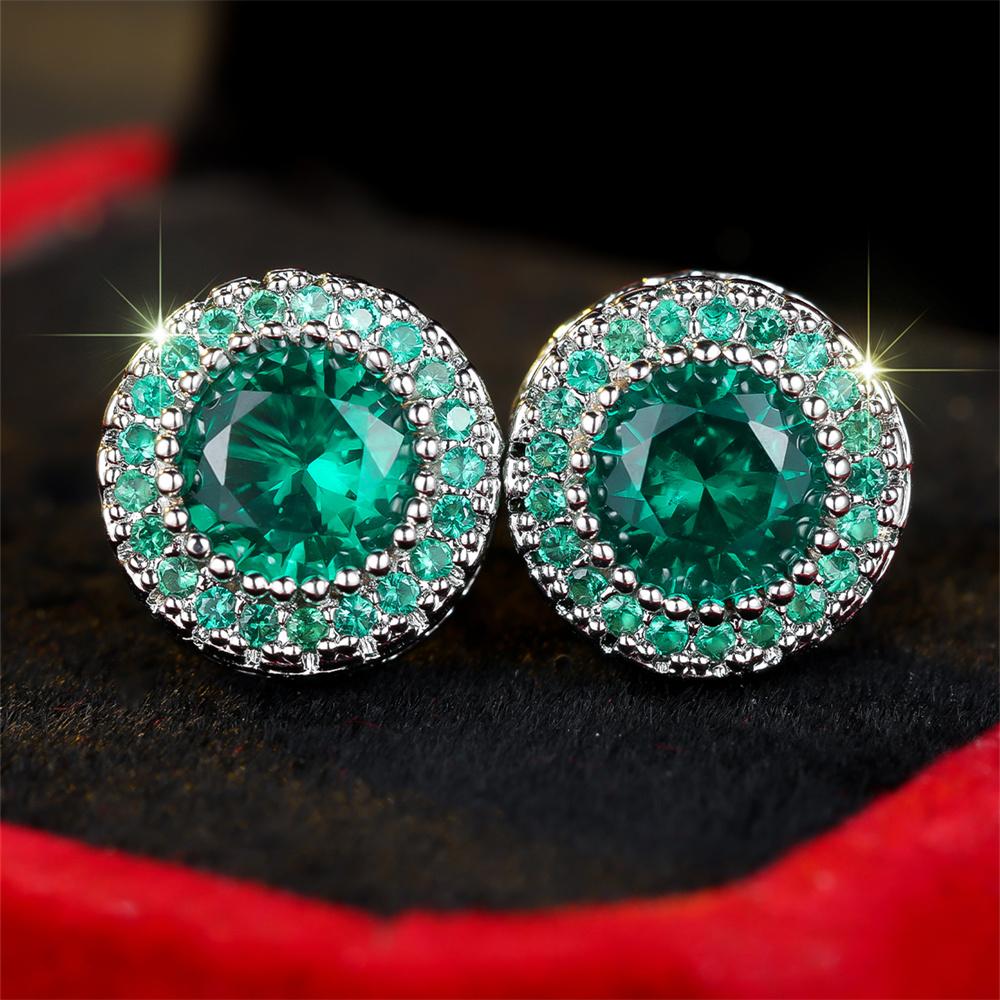 Trendy Green Crystal Zircon Round Stone Stud Earrings For Women Vintage Rose Gold Silver Color Wedding Jewelry Mother's Day Gift