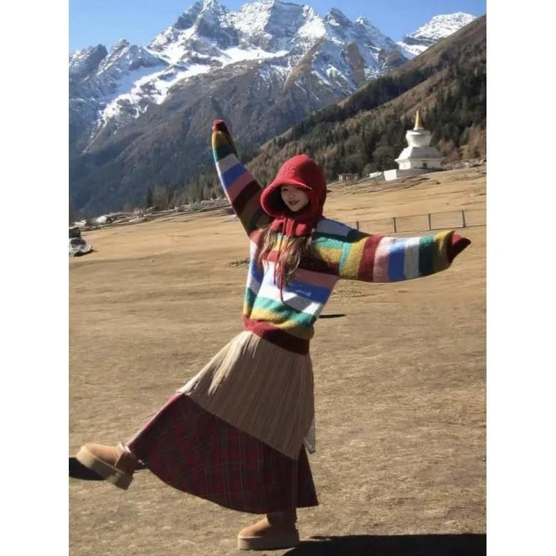 

Премиальный сенс дофамин справедливый остров экипаж шеи контрастный цвет радужный полосатый свитер женский осенний новый свободный вязаный свитер топ One Size