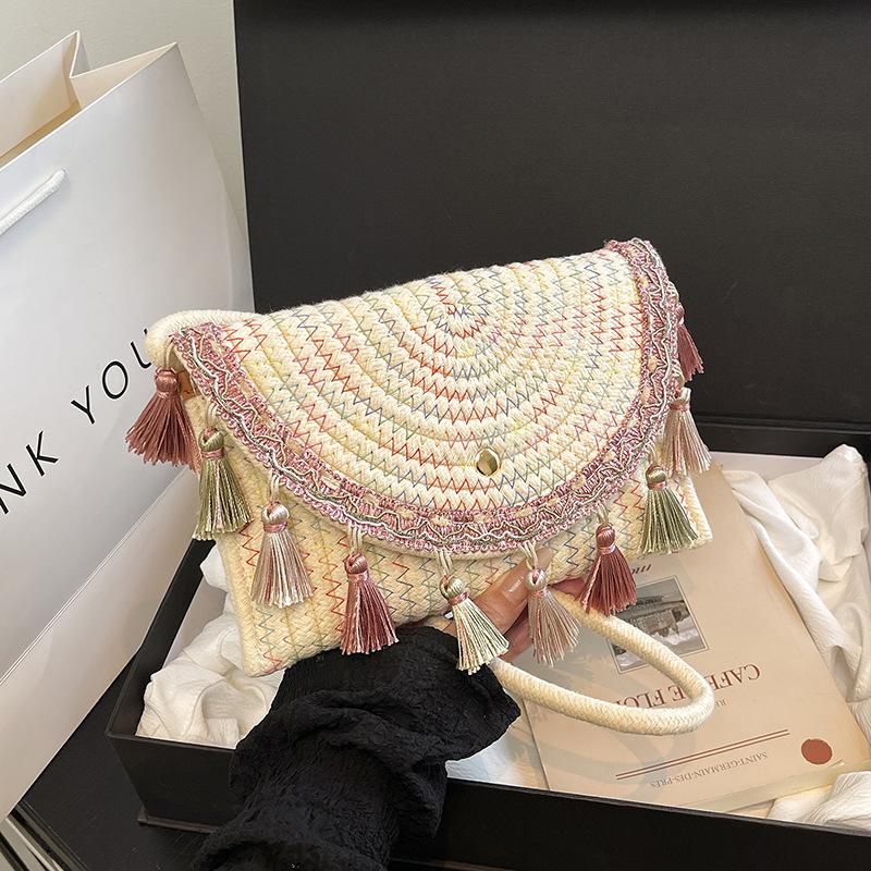 

Multi Colored Tassel Woven Bag Fashionable Casual Texture Hand-held Bag Travel Seaside Crossbody Bag Women s Small Square Bag KTB 22x3x14cm бежевый