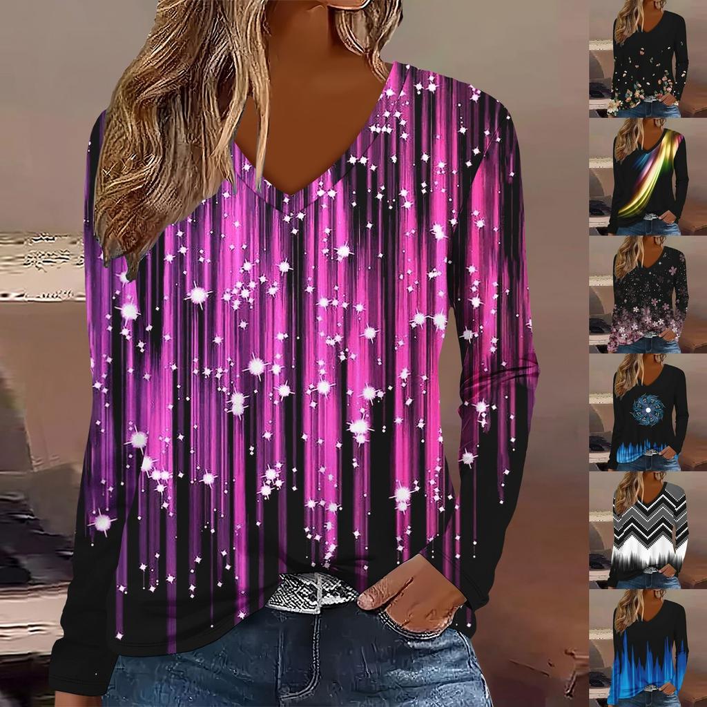 Plus size European and American Fashion 2025 Women's Elegant V-neck Long Sleeve T-shirt