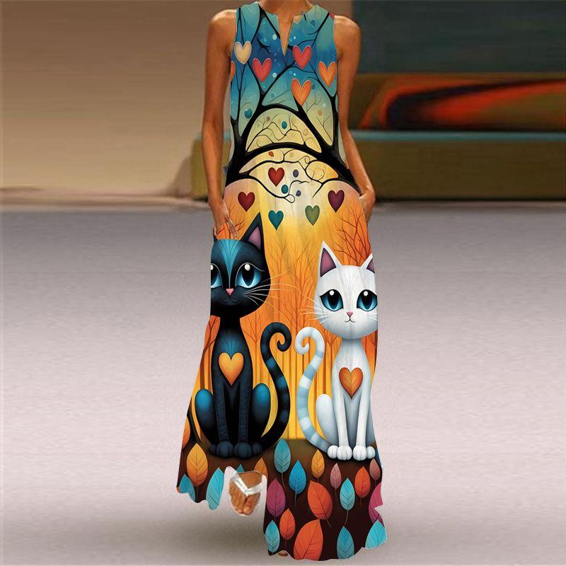 Plus Size Women's New Chinese Style 3D Peacock Dress Elegant All-Matching Sleeveless Vest Skirt Long Loose Floral Skirt