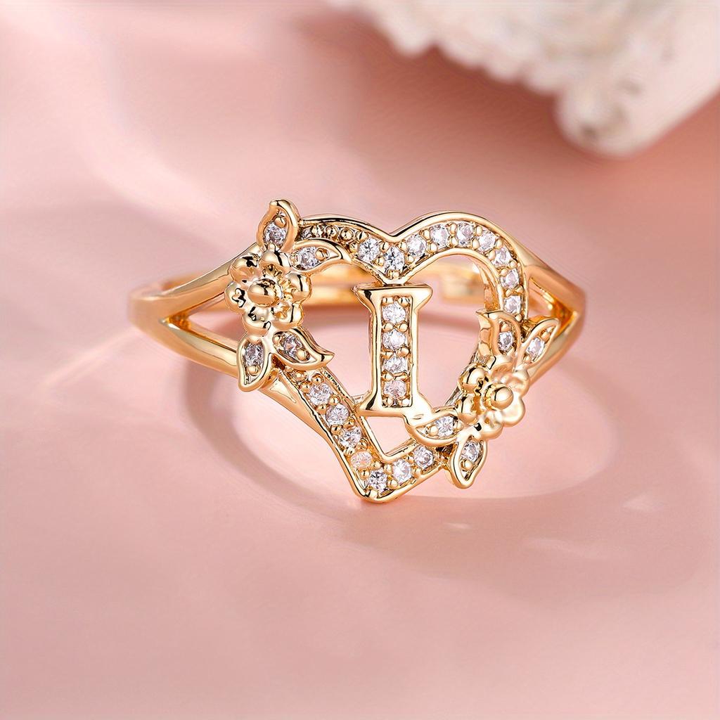 1 Stück goldene Farbe 26 englische Buchstaben CZ Zirkon Ring Rose Blume verstellbare Öffnung Ring Ehering Schmuck Valentinstag Geschenk