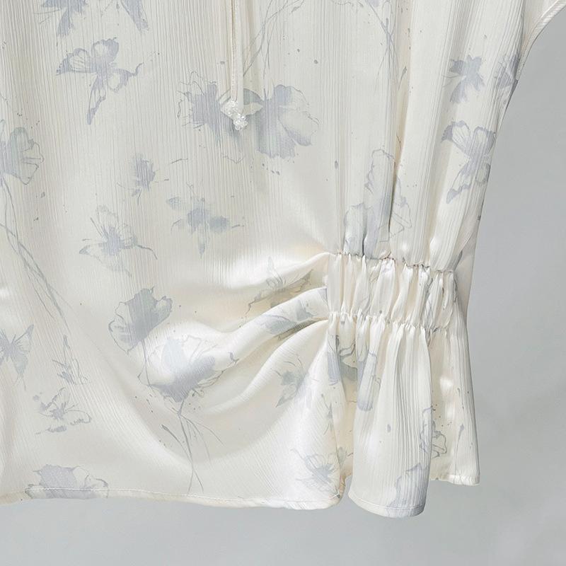 Stand-collar Retro Satin Jacquard Shirt for Women New Women's New Chinese Pleated Waist Top