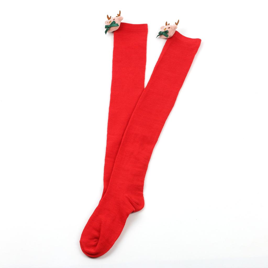 Women Cartoon Plush Elk Bowknot Striped Over Knee Long Socks Thigh High Stockings for Christmas Cosplay Costume Hosiery