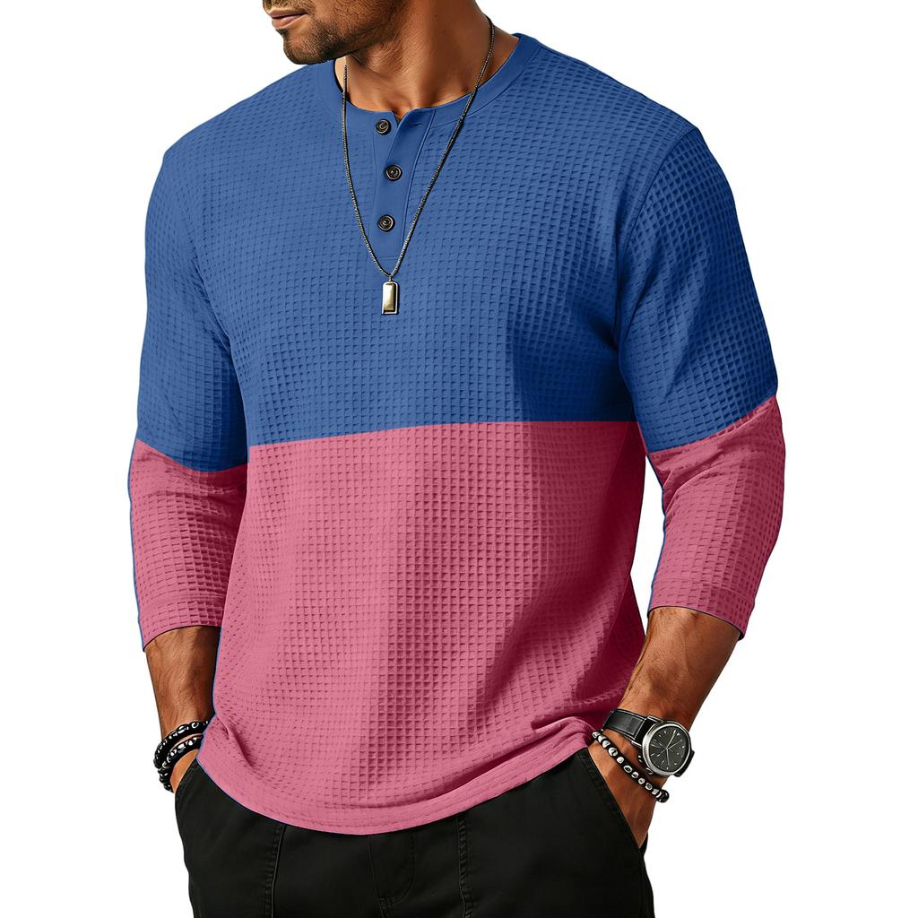 Men Henley Long Sleeve Knit Pullover Casual Crew Neck Patchwork Basic Loose Fit Top Shirt