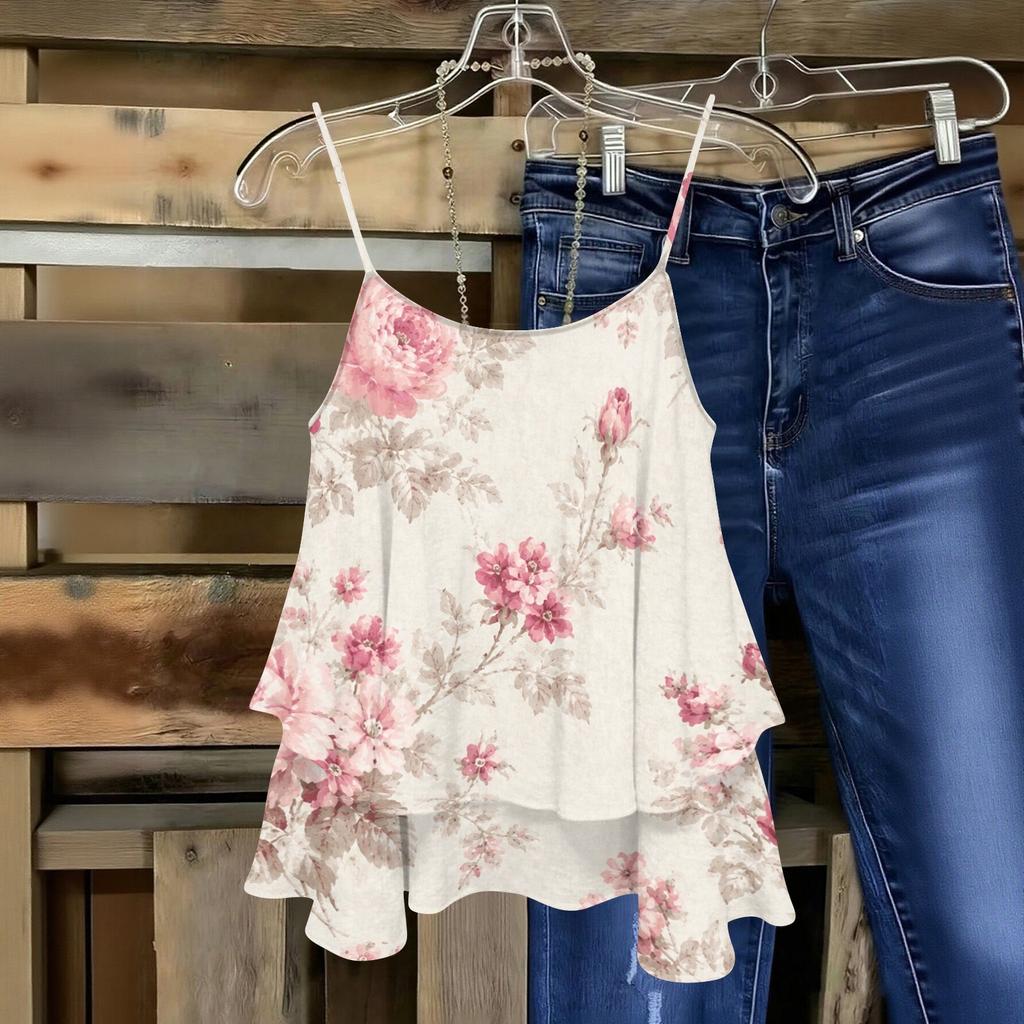 Women Strapless Floral Print Sleeveless Double Layer Camisole Top Lightweight Summer Casual Tank Blouse
