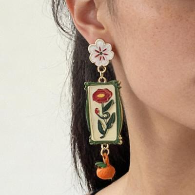 Artistic Retro Exquisite Flower Dangle Earrings for Women Ladies Pastoral Style Alloy Printed Drop Earrings Jewelry Accessories