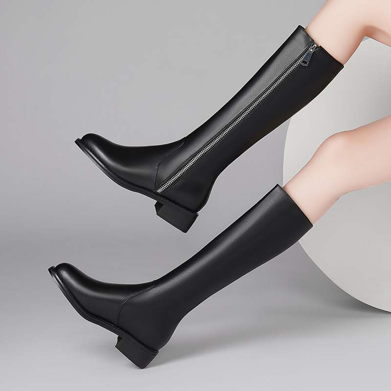 Krazing Pot Cow Leather Autumn Winter Shoes Thick Med Heels Big Size 45 Size 44 Zipper Decoration Concise Style Women Keep Warm Knee Boots