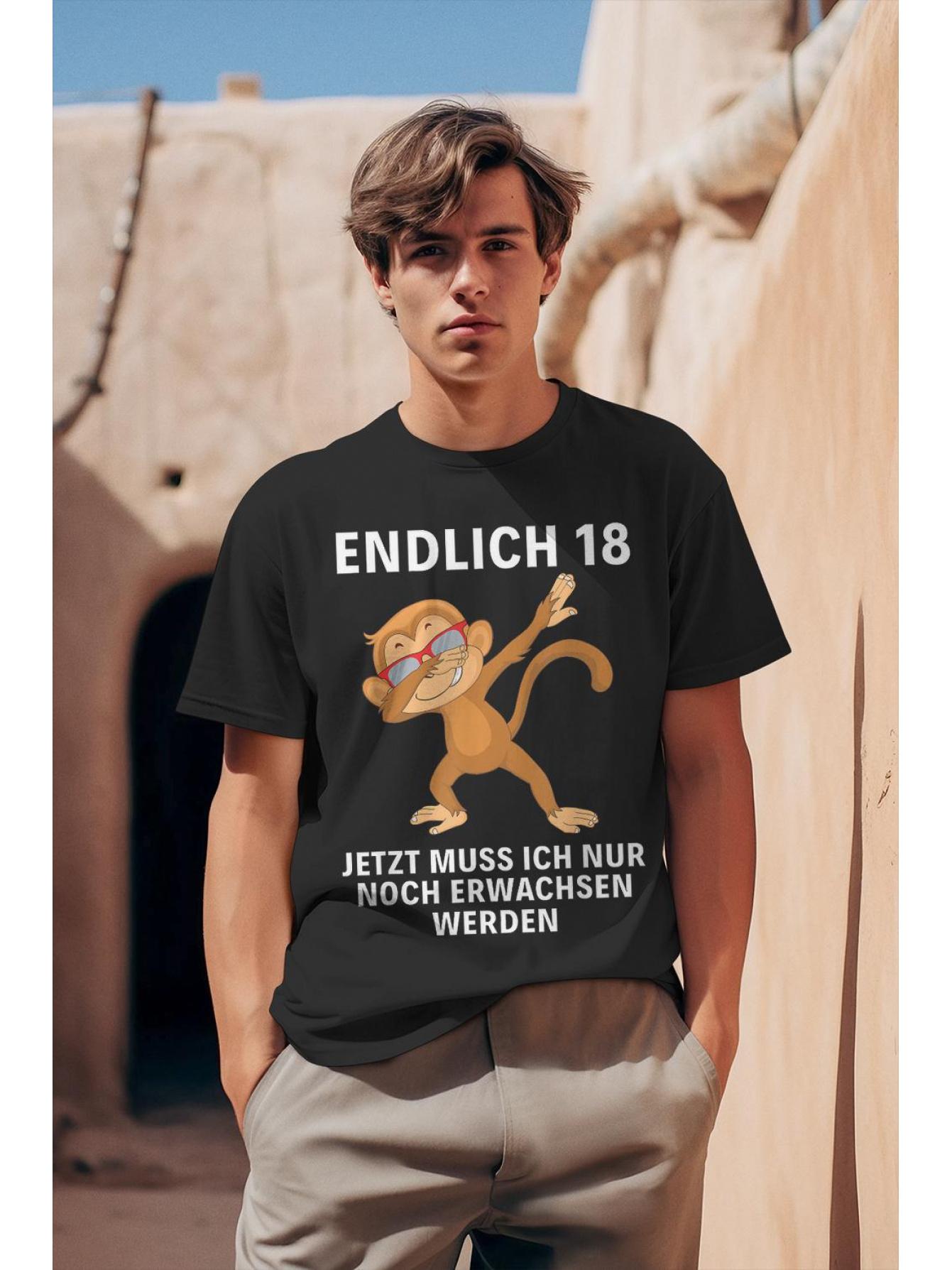 Finally Turned 18th Birthday T-Shirt - German Endlich 18 Lettering & Monkey Design M